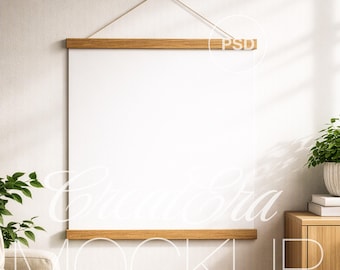Square Poster Mockup: Hanging Wood Magnetic Frame Wall Art Mockup, Scandinavian Interior Decor (PSD file)