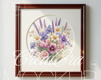 Square Frame Mockup, Dark Wood Frame, Round Art (PSD)
