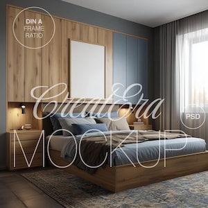 Vertical Wooden Frame Poster Mockup, Realistic Bedroom Interior Framed Mockup for Photoshop, PSD File, Modern Artwork Mockup
