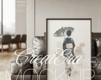 Black Frame Artwork Mockup: Living Room Interior (PSD File)