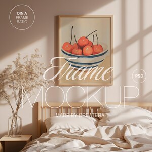 Vertical Wooden Frame Poster Mockup, Realistic Bedroom Interior Framed Mockup for Photoshop, PSD File, Modern Artwork Mockup