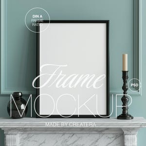 Vertical DIN A Black Frame Mockup on Fireplace Mantel, Realistic Artwork Mockup for Photoshop, Modern Interior Frame Poster Mockup, PSD