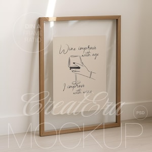 Vertical Wooden Glass Frame Poster Mockup, Realistic Framed Mockup for Photoshop, PSD File, Modern Artwork Mockup