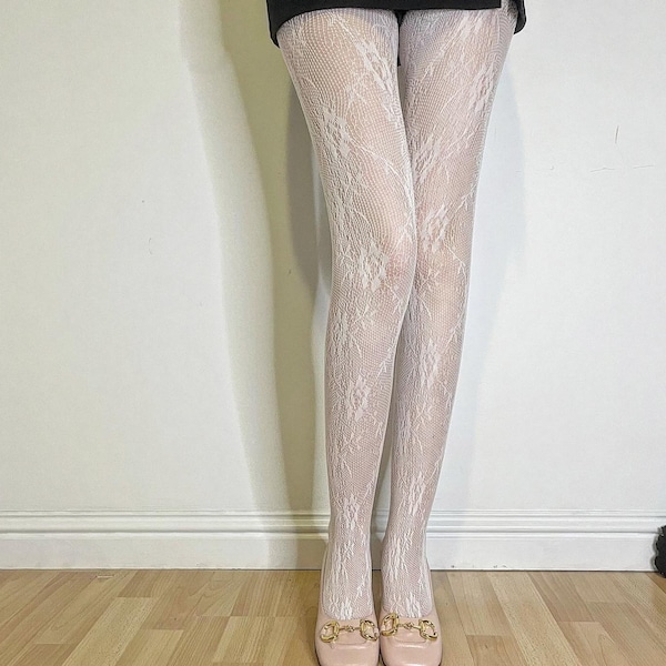 White Fishnet Tights with  floral design-Hollow Gothic Punk Tights-Fishnet Hosiery-Y2K-Tattoo Mesh Pantyhose -New vintage -Ship from England