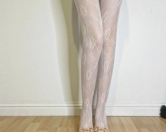 White Fishnet Tights with  floral design-Hollow Gothic Punk Tights-Fishnet Hosiery-Y2K-Tattoo Mesh Pantyhose -New vintage -Ship from England