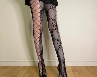 Shipped From England - Black fishnet tights with floral patterns- Dark Floral Patterned Tights - Valentine's Gift- Flying Hedgehog