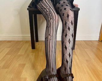 Shipped From England - Black fishnet tights with stars and stripes patterns - Comfort Tights - Women Patterned Tights - Flying Hedgehog