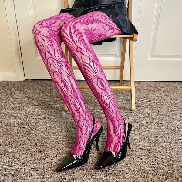 Shipped From England - Rose fishnet tights with Floral patterns -Rose Patterned Tights- Women Patterned Tights- Flying Hedgehog