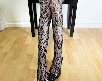 Shipped from England - Black Floral Pattern Fishnet Tights  -Black Gothic Punk Tights-Y2K - New vintage tights - Flying Hedgehog