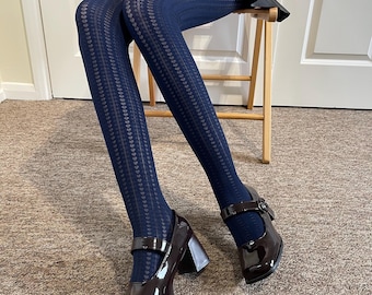 Shipped From England Navy Blue Knitted Tights With a Heart