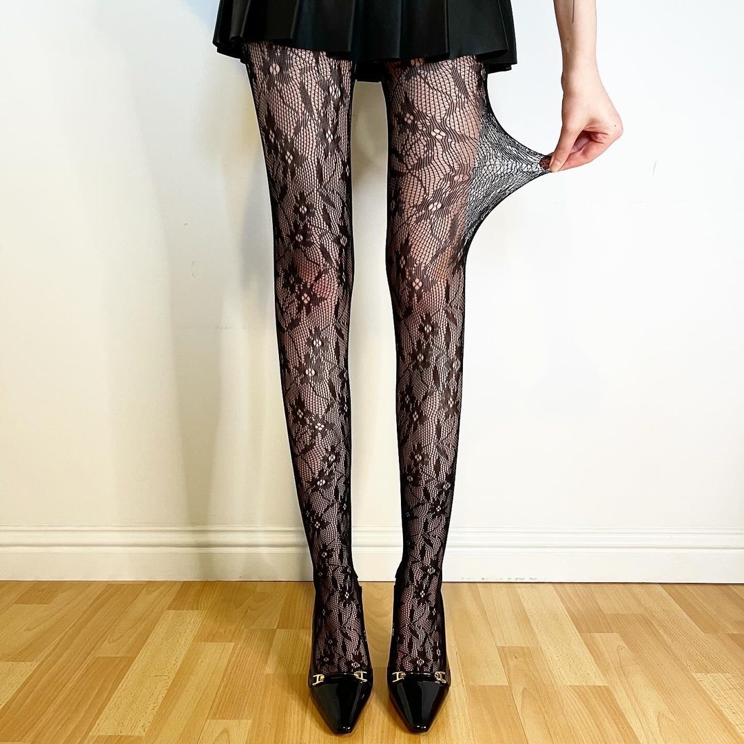 Shipped From England Black Floral Pattern Tights Comfortable Tights Y2K New Vintage