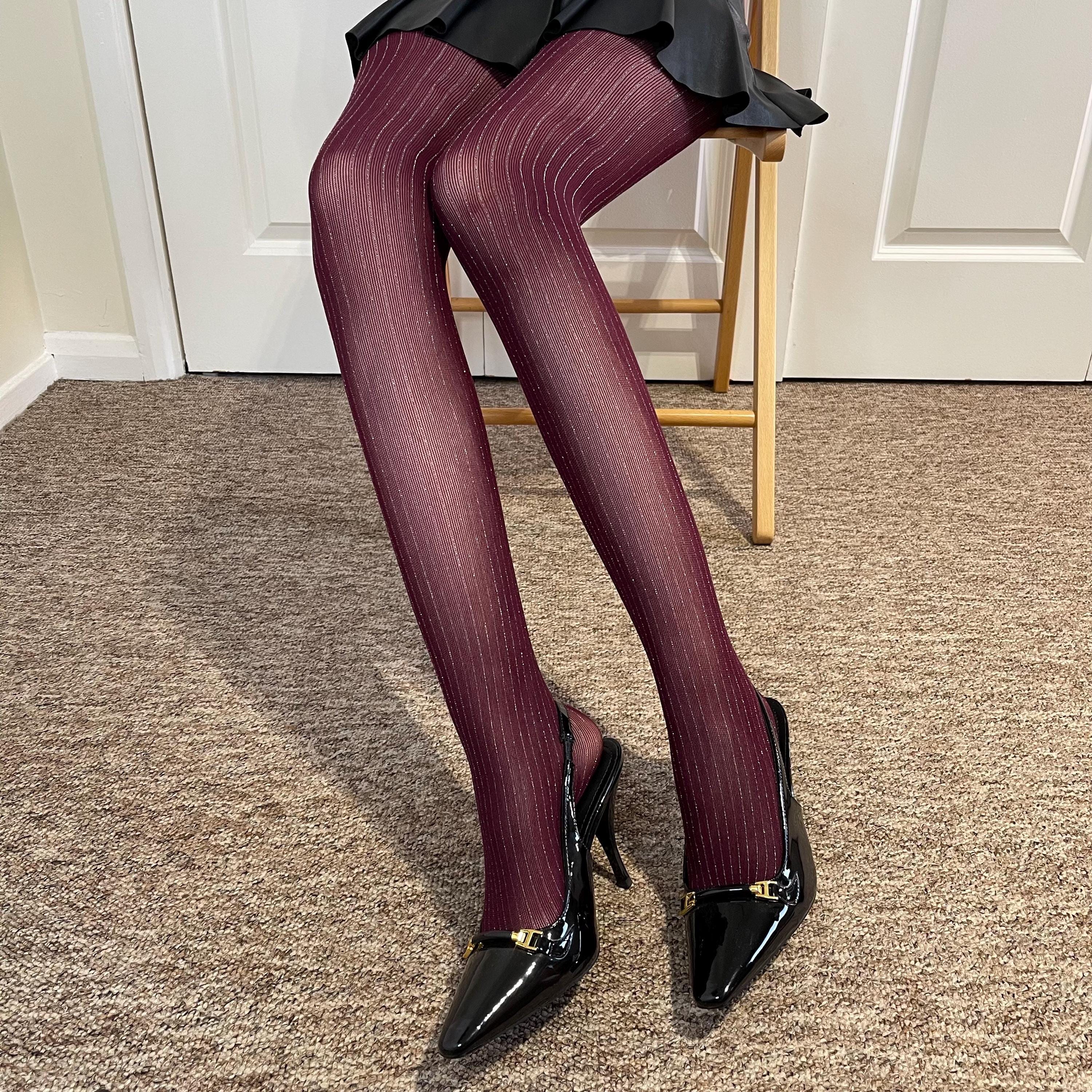 Shipped from England-Burgundy tights with Sparkly Silver Stripes -Glitter Tights -Cherry Colour Sparkle Tights-Kawaii Tights-Flying Hedgehog