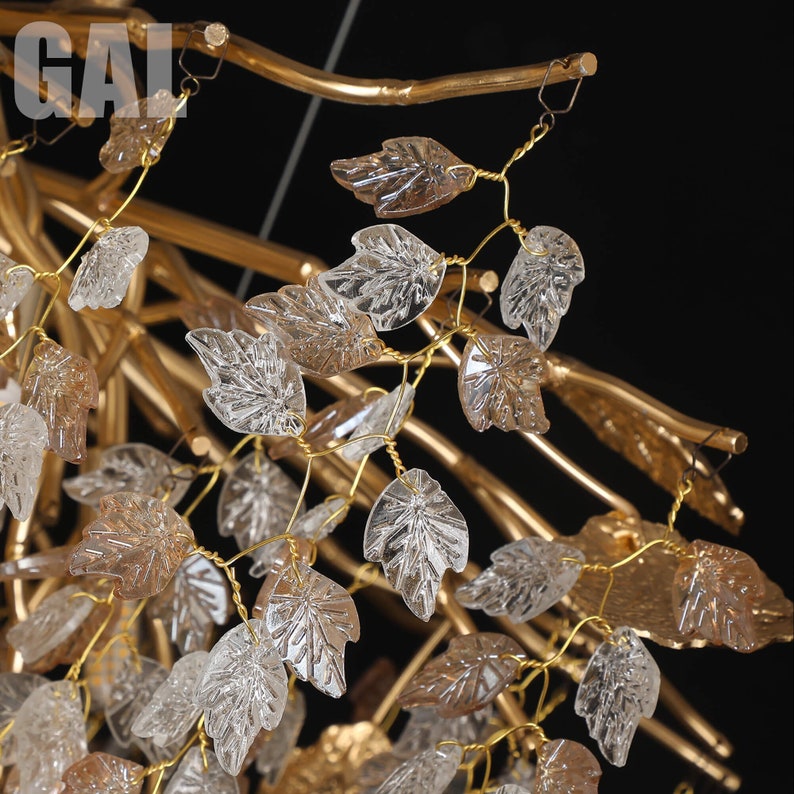 Glass Metal Leaf Shape Branch Chandelier image 3
