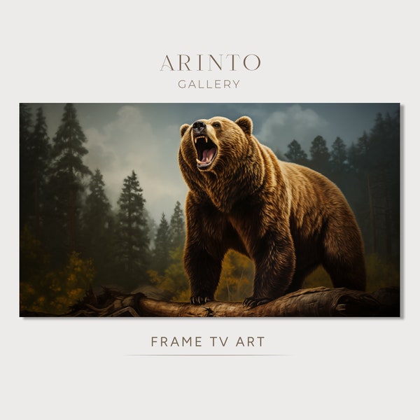 Grizzly Bear Frame TV Art, Hunting Lodge Wall Art Decor, Instant Digital Download | TV1550