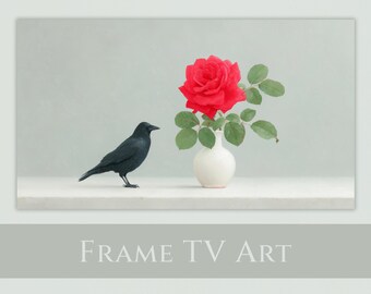 Frame TV Art, Raven and Red Rose, Gothic Romantic Minimal Decor