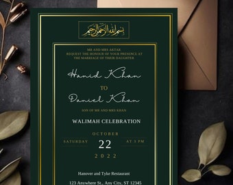 Minimalistische Hochzeitseinladungsvorlage, Smaragdgrün und Gold Baraat, Walimah, Nikah Islamische Shaadi Floral Digitale Vorlage, Nach Maß
