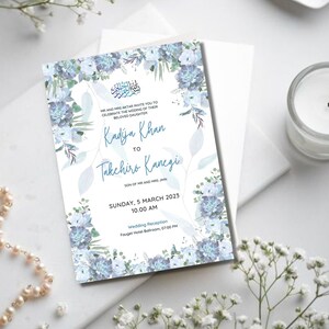 Convite de casamento islâmico, Nikah editável, Baraat, modelo Walimah, aquarela azul, convite floral, download digital, Shaadi azul claro