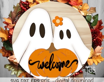 Halloween welcome Ghost sign SVG,  Door Hanger laser Cut File.