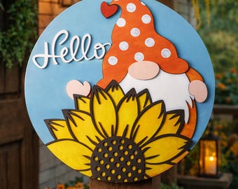 Gnome Sunflower Hello Door Hanger SVG Cut File (Digital Download)