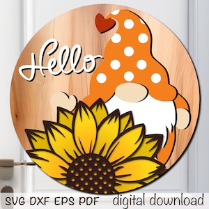 Gnome tournesol bonjour accroche-porte signe svg coupe fichier, plaque de porte été automne pour laser, machines de découpe, glowforge, cricut, silhouette