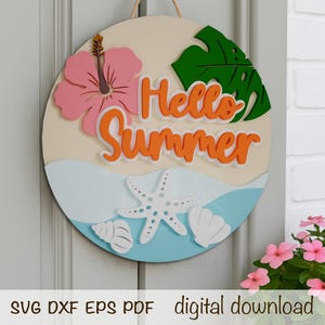 Hello Summer Beach SVG – Layered Welcome Door Hanger Cut File for Cricut, Glowforge, Laser