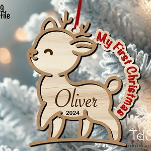 Découpe laser SVG personnalisée pour le premier ornement de renne de Noël | Modèle d'ornement de nom personnalisé pour Cricut & Glowforge, fichiers coupés svg