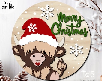 Highland Cow Christmas door hanger SVG: Cricut sign, Laser Cut File, glowforge (Digital Download)