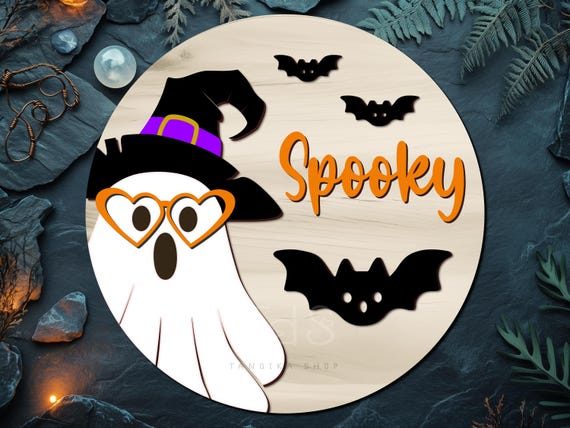 Cute halloween ghost door hanger svg cut file, spooky sign, cute spooky svg laser cut file, glowforge file, cricut halloween sign