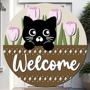 Accroche-porte de bienvenue printemps fichier SVG, panneau rond fleur de tulipes, panneau de bienvenue chat svg fichier découpé au laser, cricut, glowforge, silhouette