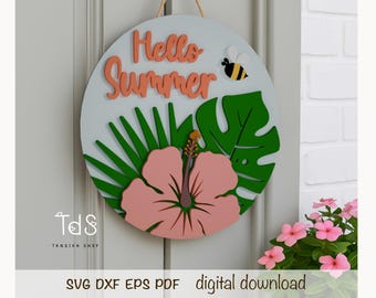 Hello Summer SVG Türschild - Floral Willkommensschild für Cricut, Glowforge, Laser