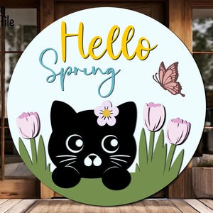Fichier SVG accroche-porte Hello Spring, panneau rond tulipes papillon, panneau de bienvenue chat svg fichier découpé au laser, cricut, glowforge, silhouette