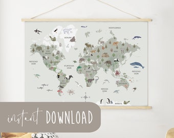 Weltkarte Kinder Download Poster zum ausdrucken Sofortdownload digital Datei Kinderweltkarte