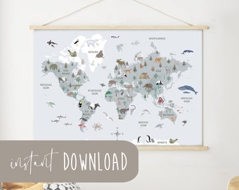 World map children download poster to print Instant download digital file children's world map