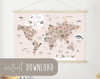 Weltkarte Kinder Download Poster zum ausdrucken Sofortdownload digital Datei Kinderweltkarte