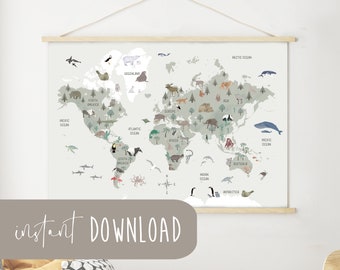 Weltkarte Kinder ENGLISCH Download Poster zum ausdrucken Sofortdownload digital Datei Kinderweltkarte