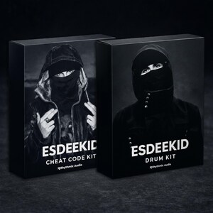 May include: Two black boxes with the text "ESDEEKID" and product names. Each box features a black and white image of a person wearing a face covering. One box says "CHEAT CODE KIT" and the other says "DRUM KIT".