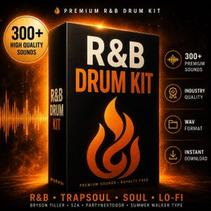 May include: A black box with the text "R&B DRUM KIT" in orange and white. The box features a flame graphic and the words "300+ HIGH QUALITY SOUNDS." Additional text includes "PREMIUM SOUNDS ROYALTY FREE" and artist names.