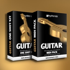 May include: Two boxes with gold guitar graphics. The box on the left says "Guitar One Shot Kit" and "Guitar One Shot Kit". The box on the right says "Guitar Midi Pack" and "Guitar Midi Pack". Both boxes have the text "100% Royalty Free" and the logo "Rhythmix".