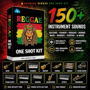 May include: A digital product box for a Premium Reggae One Shot Kit featuring a lion with dreadlocks and a crown. The text includes 150+ Instrument Sounds, Guitars, Pianos, Organs, Horns, Bass, Rhodes, Synths, and more. It highlights high quality WAV sounds, professional quality, and instant download.