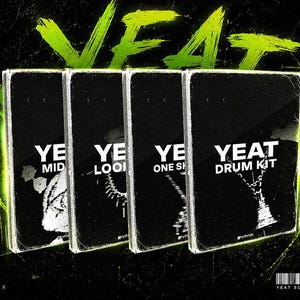May include: Four rectangular black cases featuring white text and graphics. The cases are labeled YEAT MID, YEAT LOOP, YEAT ONE SHOT, and YEAT DRUM KIT. The background is black with bright neon green brush strokes and the text RHYTHM X and YEAT SOUND PACK.