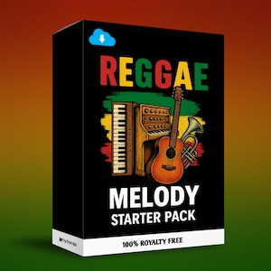 Puede incluir: Caja negra con las palabras "REGGAE MELODY STARTER PACK" en texto colorido. La caja presenta ilustraciones de un piano, una guitarra y una trompeta. También es visible el texto "100% ROYALTY FREE".