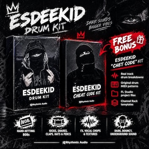 May include: Two black rectangular boxes for the ESDEEKID Drum Kit and Cheat Code Kit. The boxes feature a person in a black hoodie and mask. Text includes ESDEEKID DRUM KIT, FREE BONUS, and lists contents like 808s, kicks, snares, and MIDI patterns.