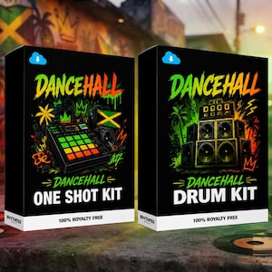 Op de afbeelding: Twee zwarte rechthoekige dozen met de tekst DANCEHALL. De linkerdoos toont een muziekproductiecontroller en een Jamaicaanse vlag. De rechterdoos toont een stapel grote luidsprekers. Beide dozen bevatten de tekst ONE SHOT KIT of DRUM KIT.