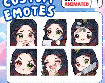 May include: A graphic featuring six custom emotes with anime-style character designs. The emotes display various expressions, including sadness, anger, and joy. Text at the top reads "CUSTOM EMOTES" and "BUY 5 GET 1 ANIMATED". The bottom text says "Ready to Use - High Quality".