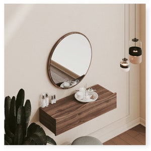 Oak Wooden Wall Dressing Table With Round Mirror Modern Rustic Walnut Wood Dresser With Drawers ...