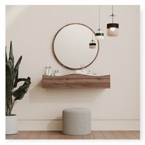 Oak Wooden Wall Dressing Table With Round Mirror Modern Rustic Walnut ...