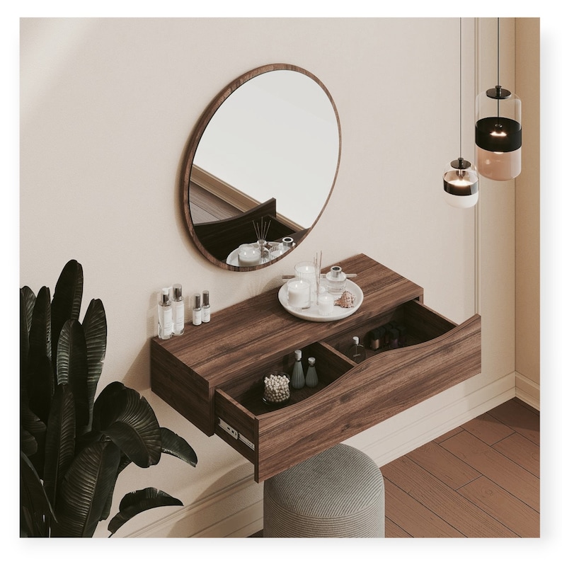Oak Wooden Wall Dressing Table With Round Mirror Modern Rustic Walnut Wood Dresser With Drawers ...