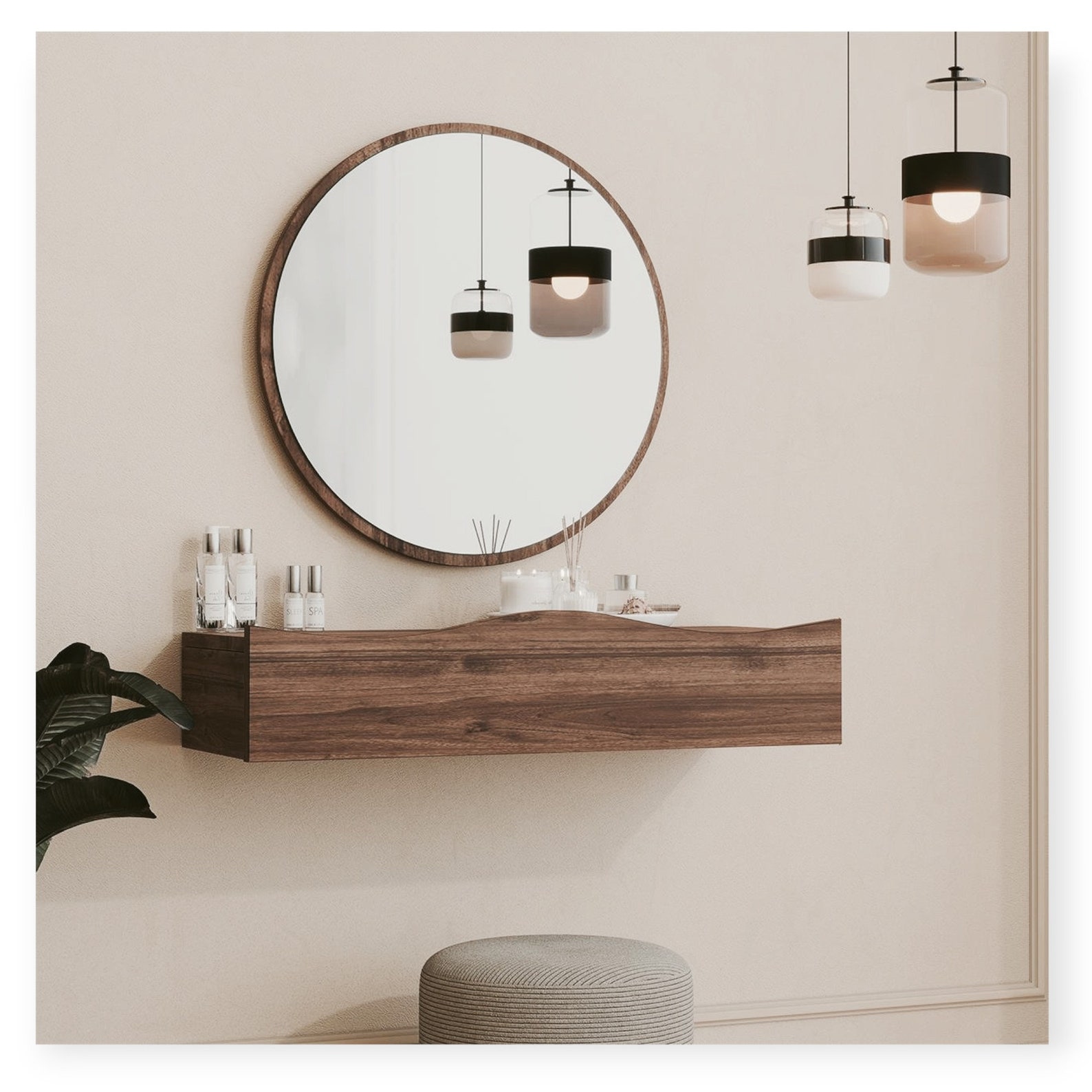 Oak Wooden Wall Dressing Table With Round Mirror Modern Rustic Walnut Wood Dresser With Drawers ...