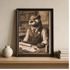 Könnte beinhalten: Gerahmtes Sepia-Kunstwerk mit einem Biber im Anzug, der an einem Schreibtisch mit Bauplänen und Werkzeugen sitzt. Der Biber trägt eine Weste, Krawatte und Taschenuhr. Ein Bücherregal und eine Karte sind im Hintergrund.