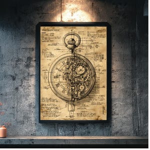 May include: Framed vintage-style print of a pocket watch schematic. The detailed black and white illustration shows the watch's internal mechanisms and is set against a parchment-like background. The print is displayed in a black frame, adding a classic touch.